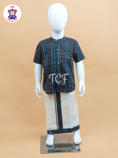 Blue & Cream - Boys Welcro Dhotis & Shirts