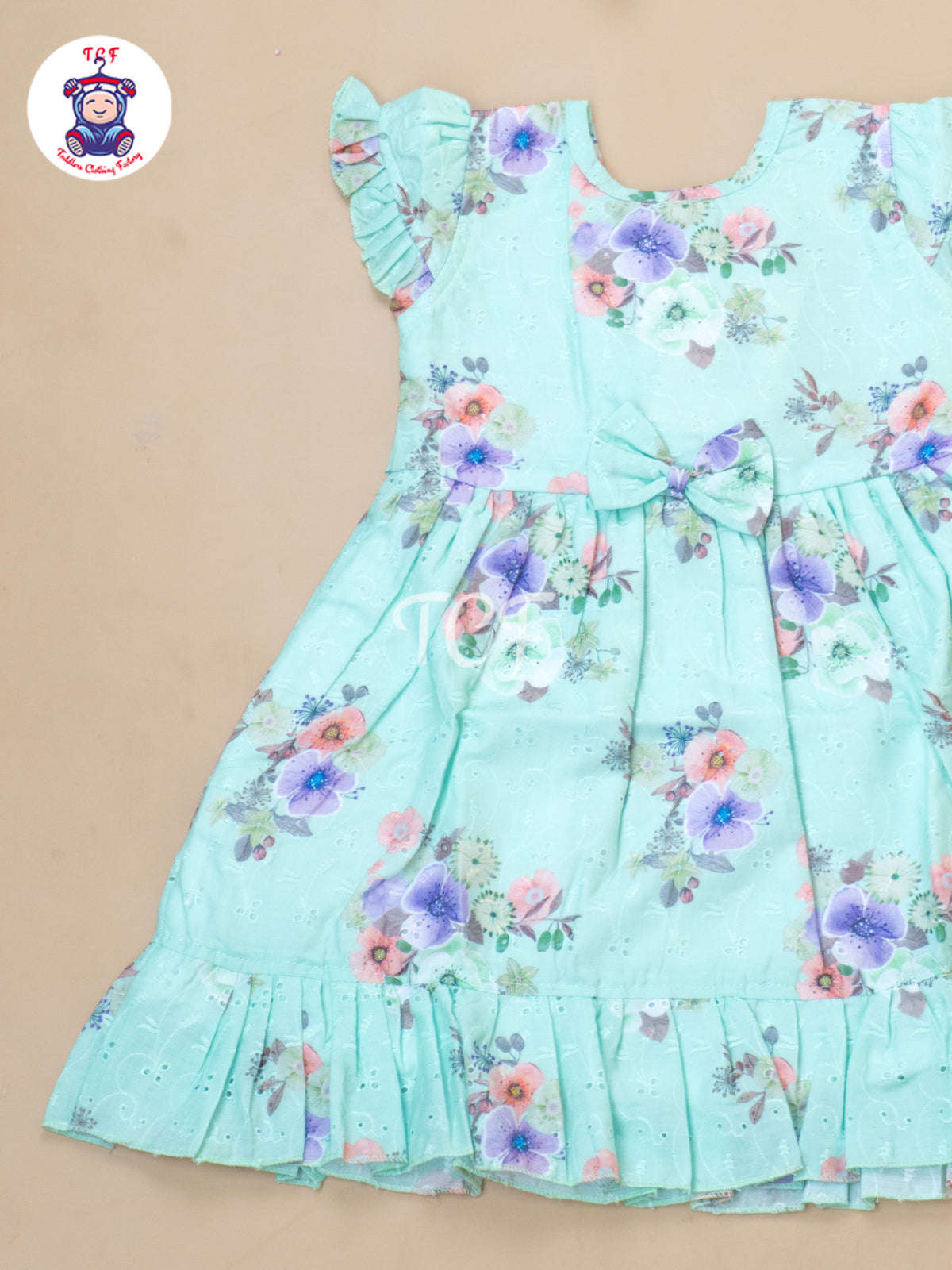 Pastel Green Floral Printed - Girls Readymade Cotton Frocks