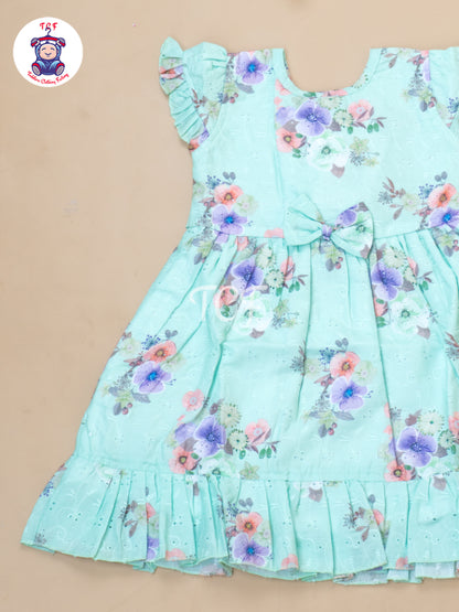 Pastel Green Floral Printed - Girls Readymade Cotton Frocks