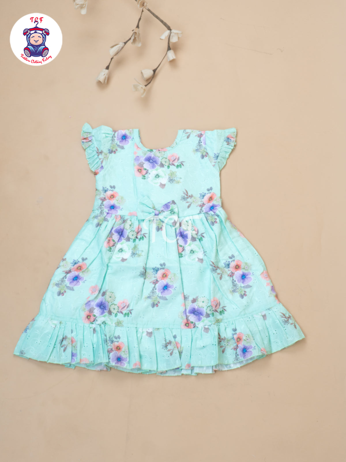 Pastel Green Floral Printed - Girls Readymade Cotton Frocks