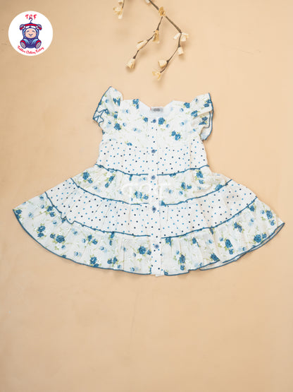 Blue Floral Printed - Girls Readymade Cotton Frocks
