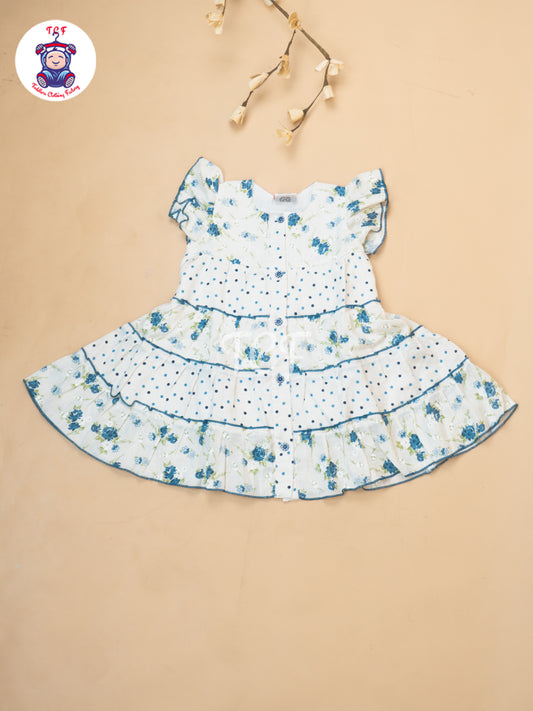 Blue Floral Printed - Girls Readymade Cotton Frocks