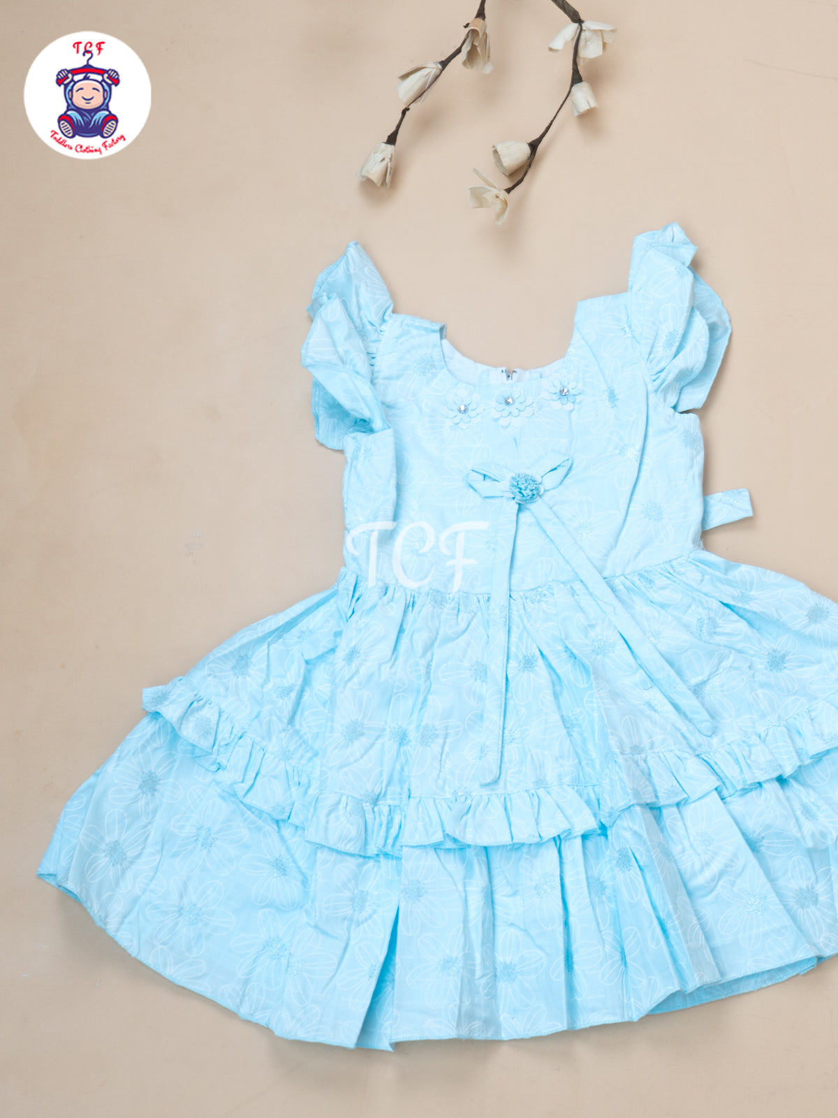 Sky Blue Floral Printed - Girls Readymade Cotton Frocks