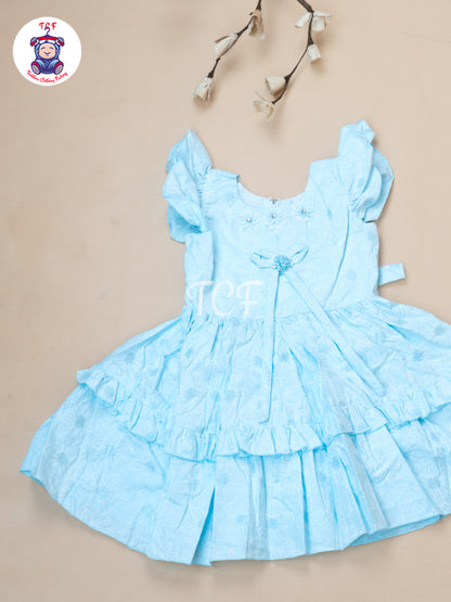 Sky Blue Floral Printed - Girls Readymade Cotton Frocks