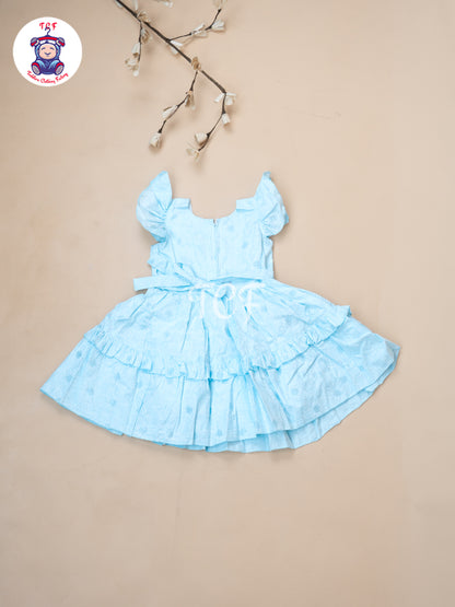 Sky Blue Floral Printed - Girls Readymade Cotton Frocks