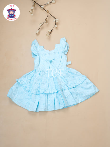 Sky Blue Floral Printed - Girls Readymade Cotton Frocks