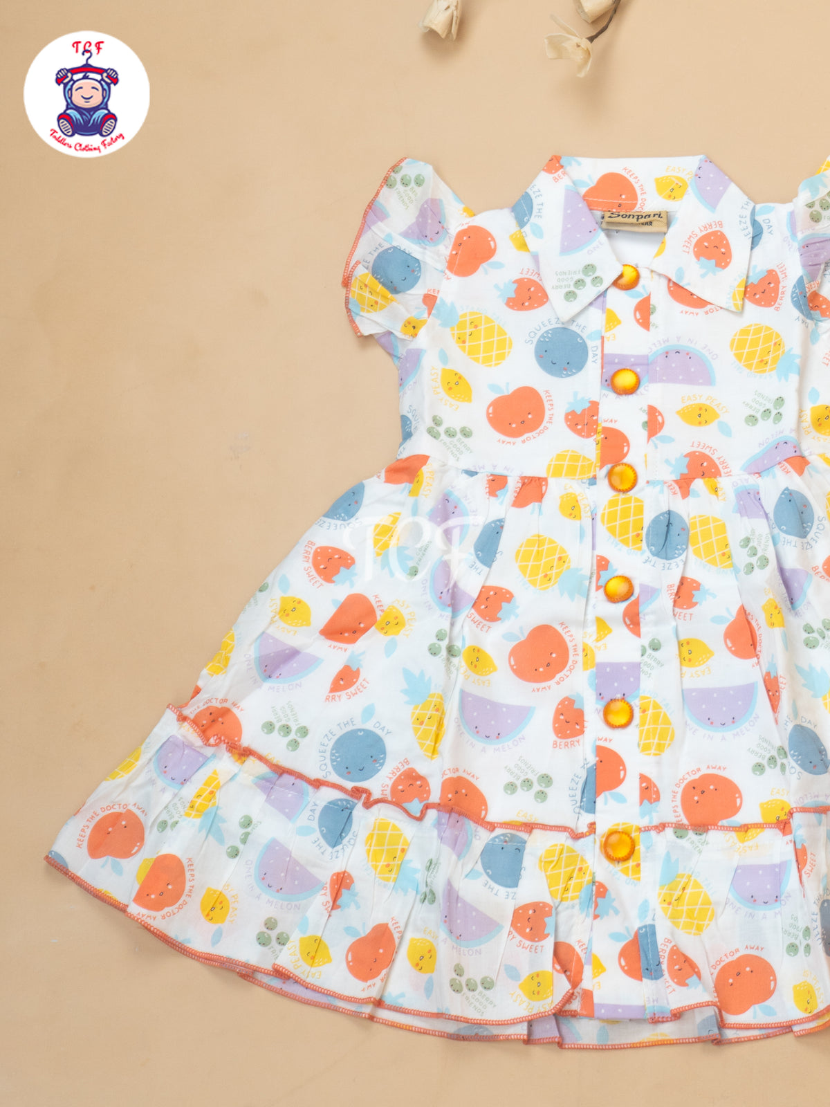 White Fruits Printed - Girls Readymade Cotton Frocks