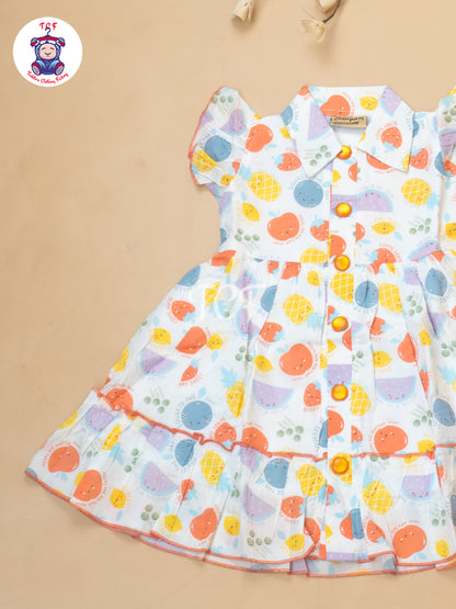 White Fruits Printed - Girls Readymade Cotton Frocks