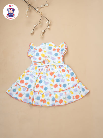 White Fruits Printed - Girls Readymade Cotton Frocks
