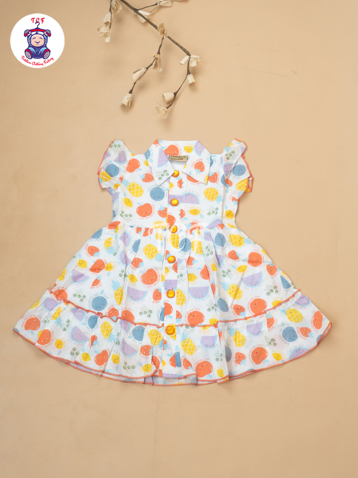White Fruits Printed - Girls Readymade Cotton Frocks