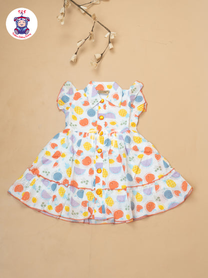 White Fruits Printed - Girls Readymade Cotton Frocks