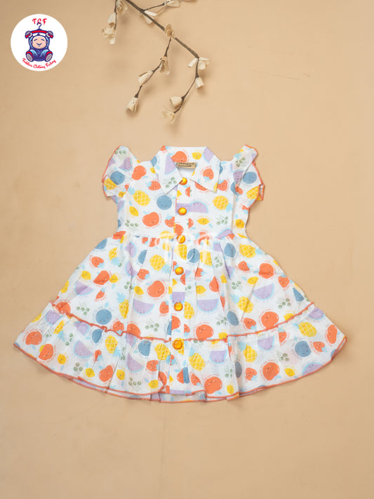 White Fruits Printed - Girls Readymade Cotton Frocks