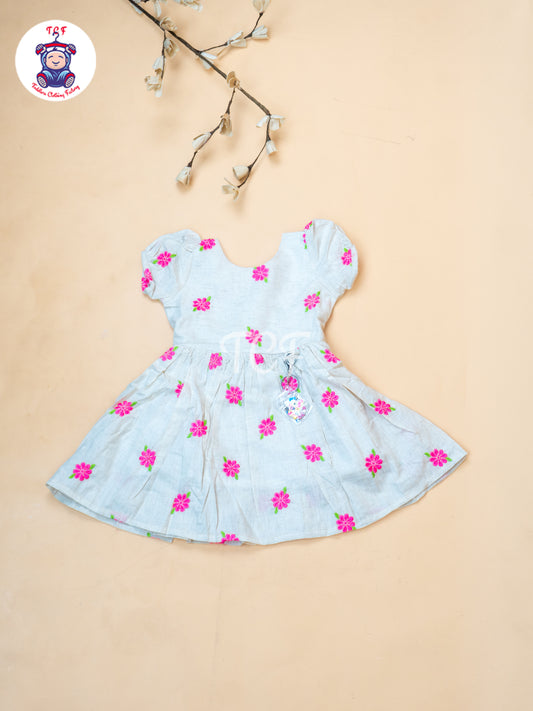 Cream Floral Printed - Girls Readymade Cotton Frocks