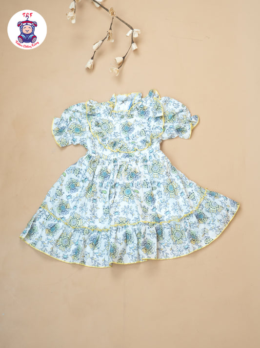 Yellow Floral Printed - Girls Readymade Cotton Frocks