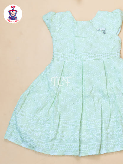 Pastel Green Floral Printed - Girls Readymade Cotton Frocks
