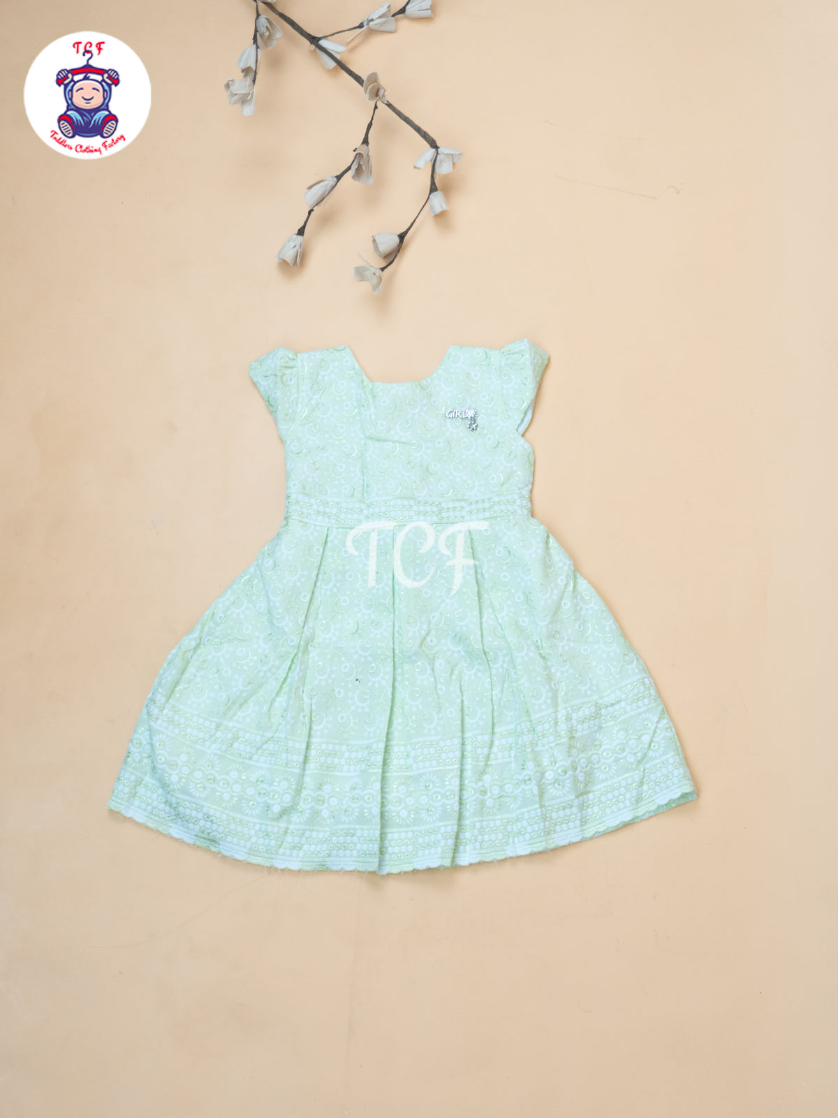 Pastel Green Floral Printed - Girls Readymade Cotton Frocks