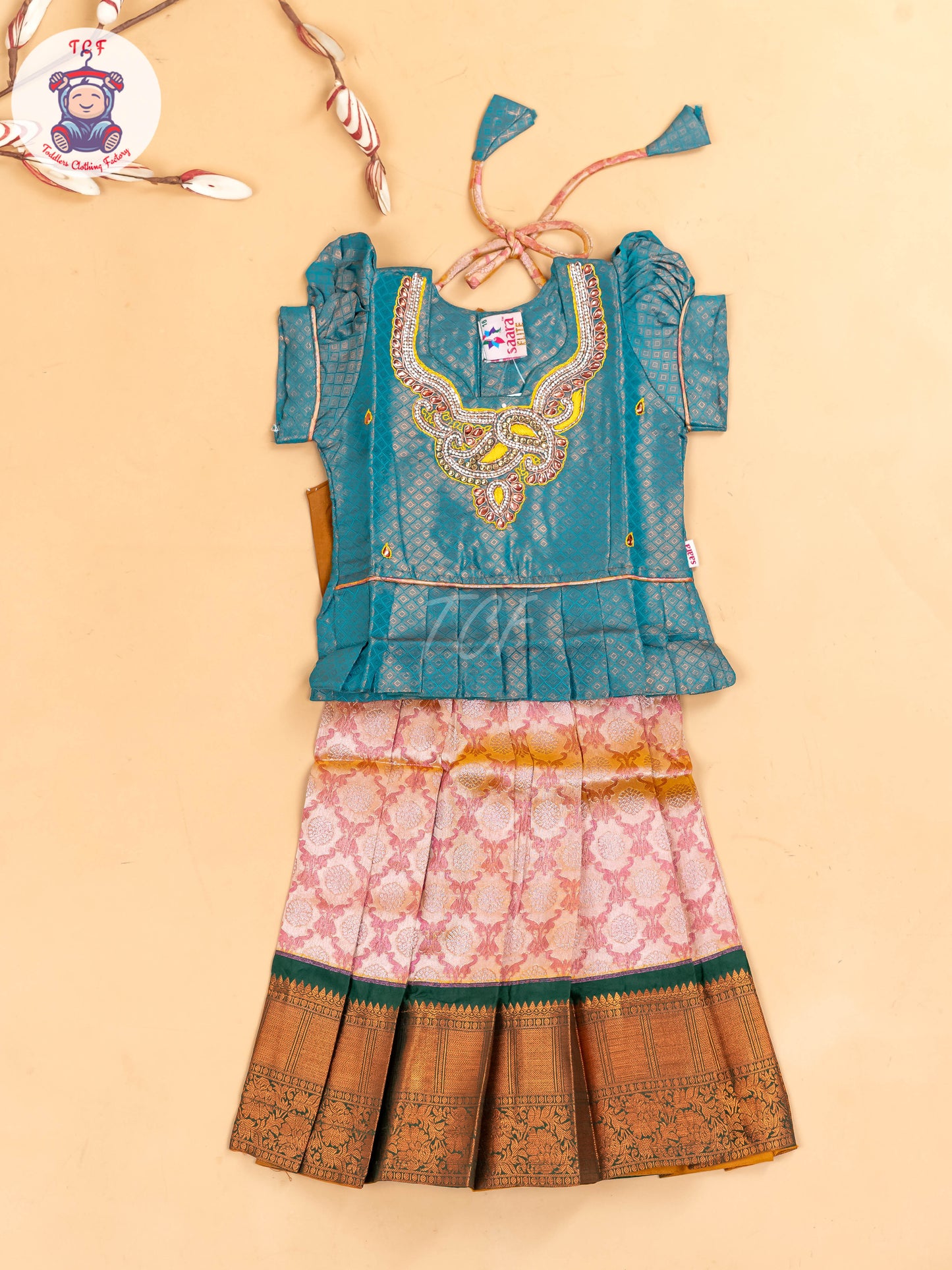 Green & Rust - Girls Readymade Pavadai Sattai