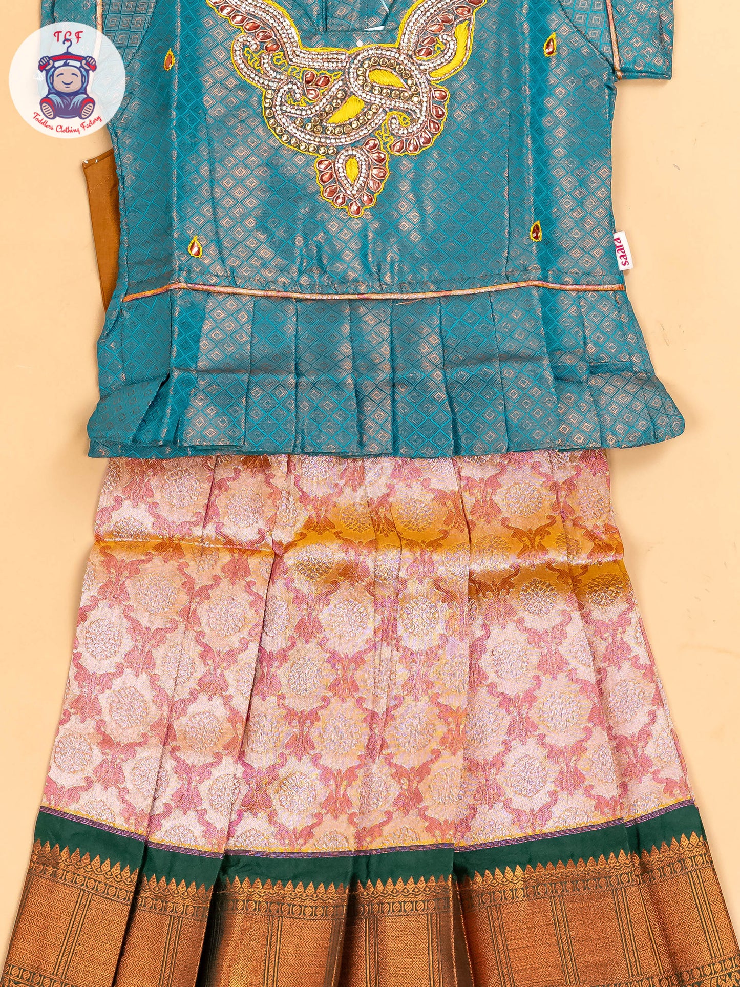 Green & Rust - Girls Readymade Pavadai Sattai