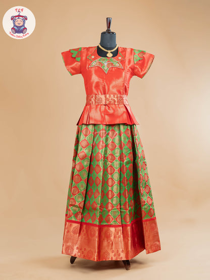 Rust & Parrot Green - Girls Readymade Pavadai Sattai