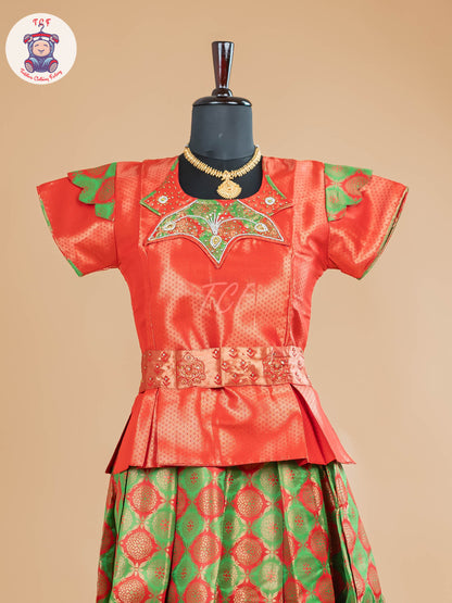 Rust & Parrot Green - Girls Readymade Pavadai Sattai