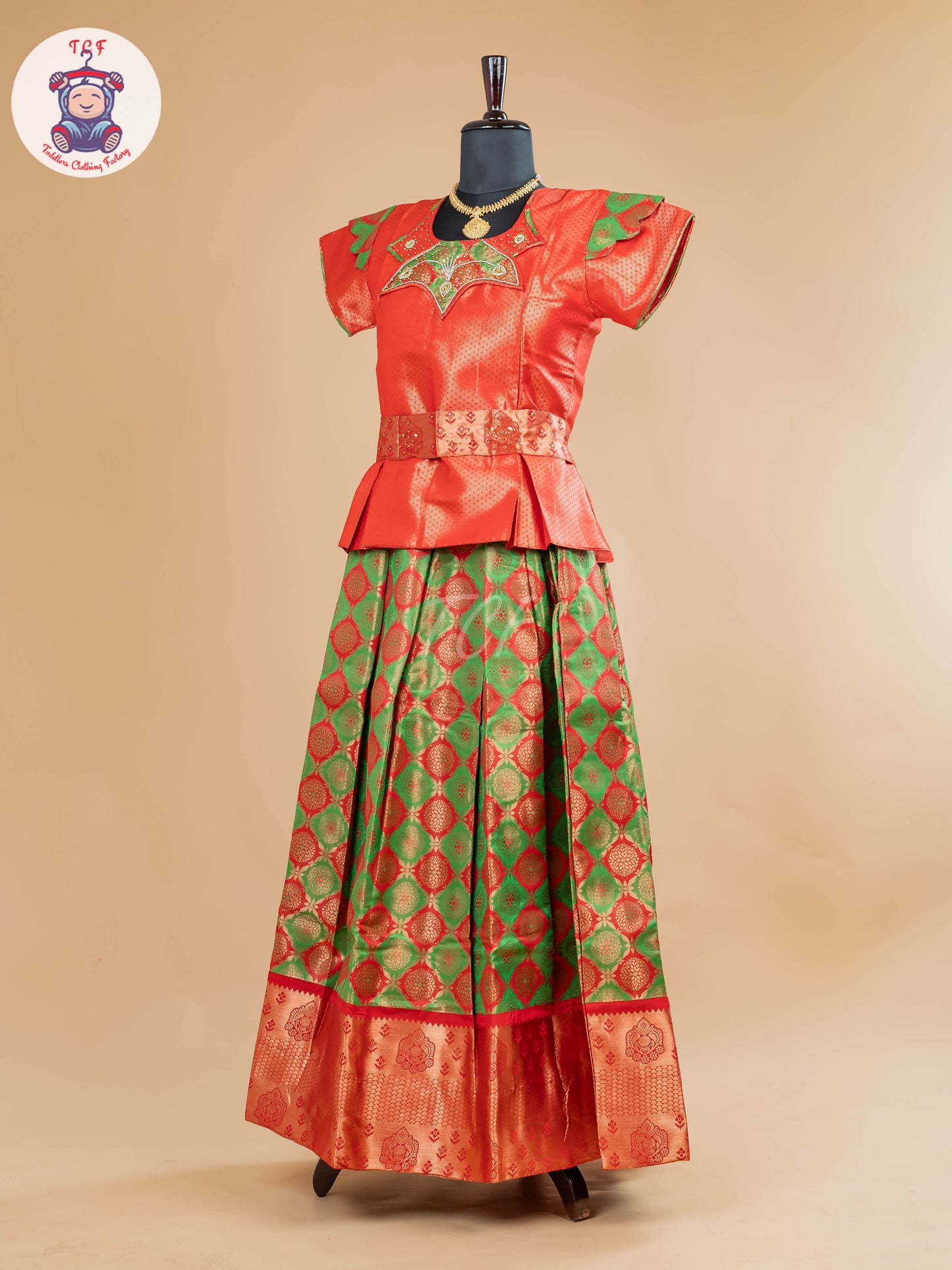 Rust & Parrot Green - Girls Readymade Pavadai Sattai