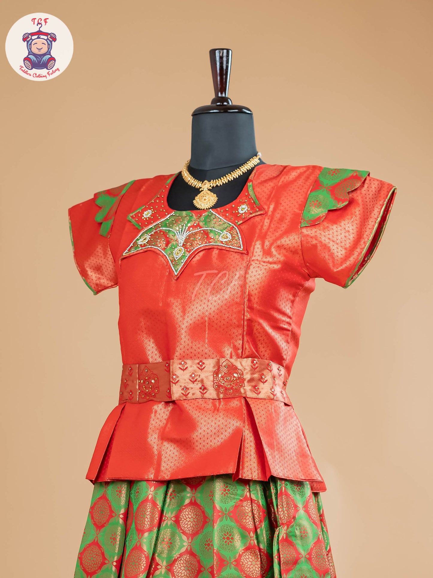 Rust & Parrot Green - Girls Readymade Pavadai Sattai