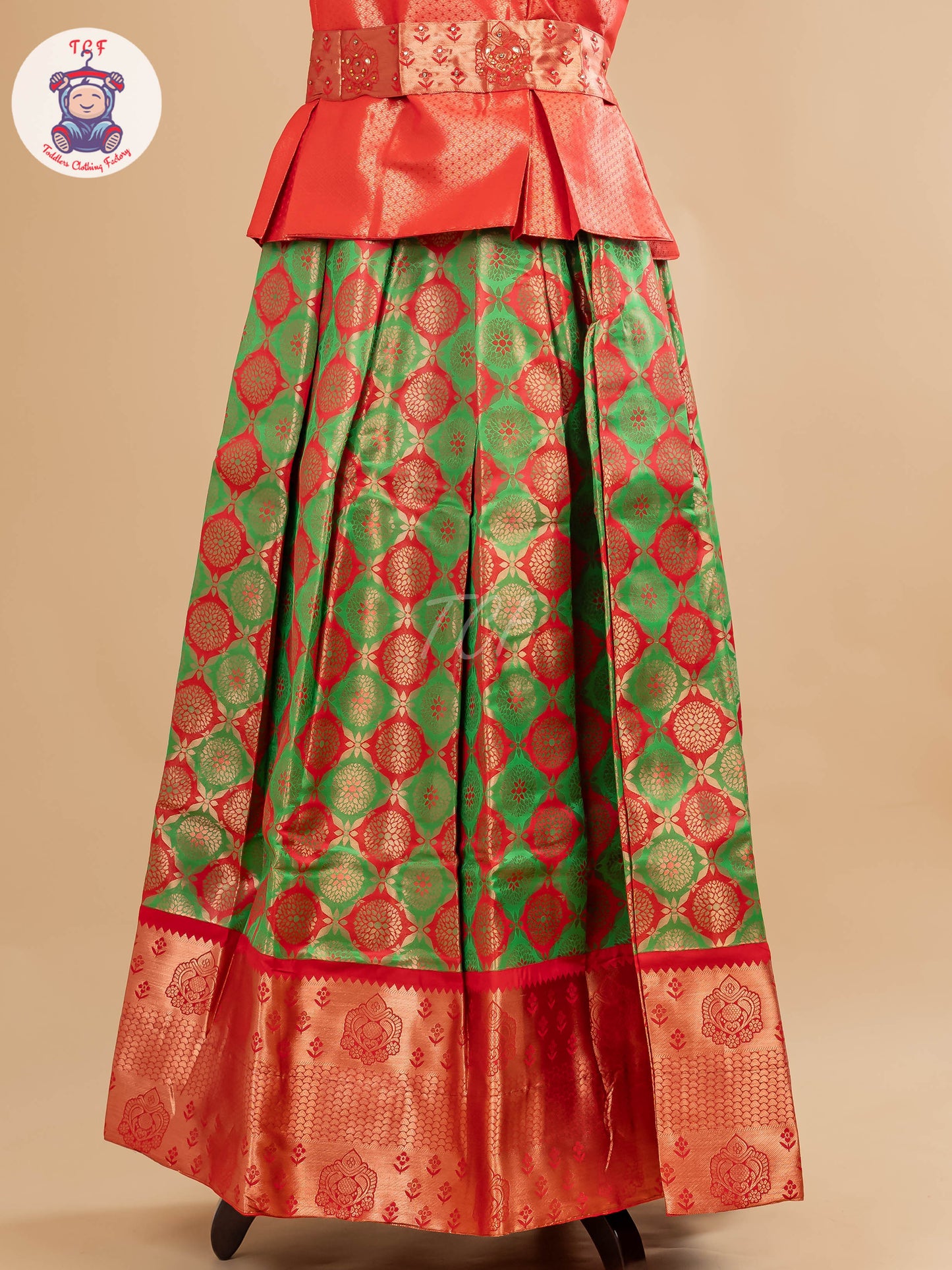 Rust & Parrot Green - Girls Readymade Pavadai Sattai