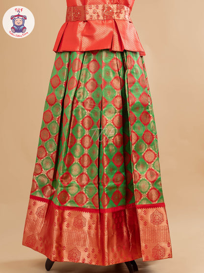 Rust & Parrot Green - Girls Readymade Pavadai Sattai