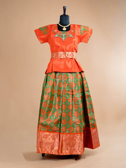 Orange & Parrot Green - Girls Readymade Pavadai Sattai