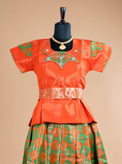 Orange & Parrot Green - Girls Readymade Pavadai Sattai