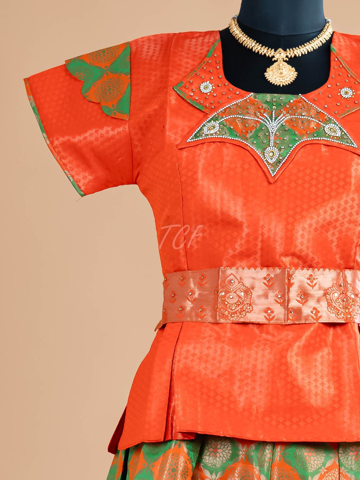 Orange & Parrot Green - Girls Readymade Pavadai Sattai