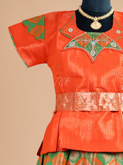 Orange & Parrot Green - Girls Readymade Pavadai Sattai