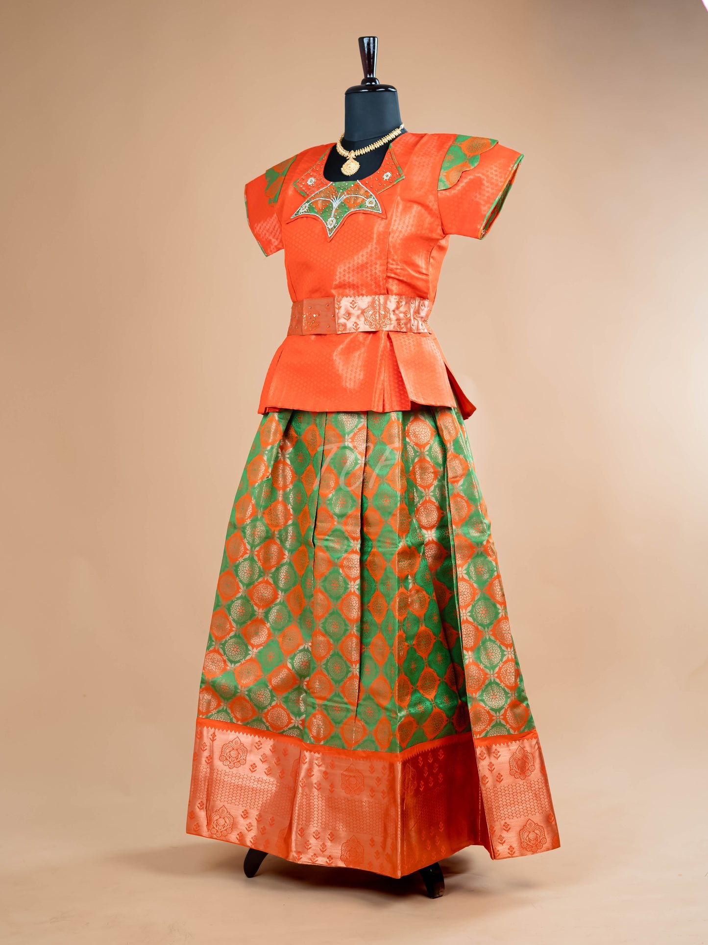 Orange & Parrot Green - Girls Readymade Pavadai Sattai