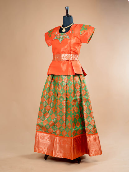 Orange & Parrot Green - Girls Readymade Pavadai Sattai
