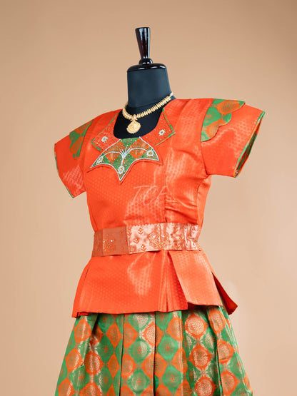 Orange & Parrot Green - Girls Readymade Pavadai Sattai