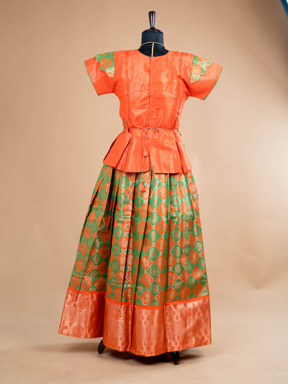 Orange & Parrot Green - Girls Readymade Pavadai Sattai