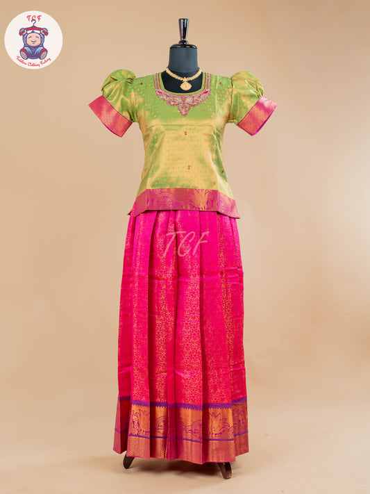 Mehandi Green & Pink - Girls Readymade Pavadai Sattai