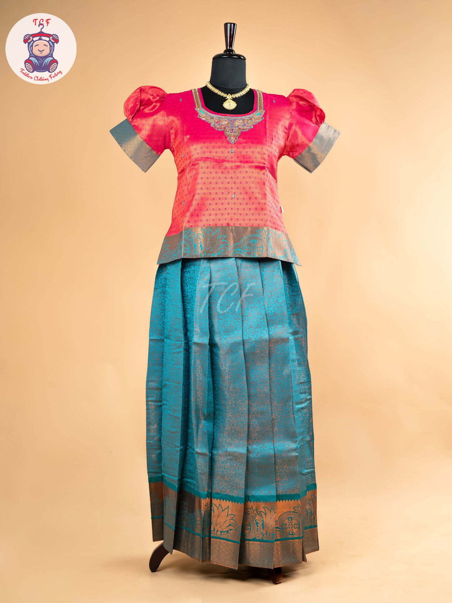 Rani Rose & Peacock Blue - Girls Readymade Pavadai Sattai