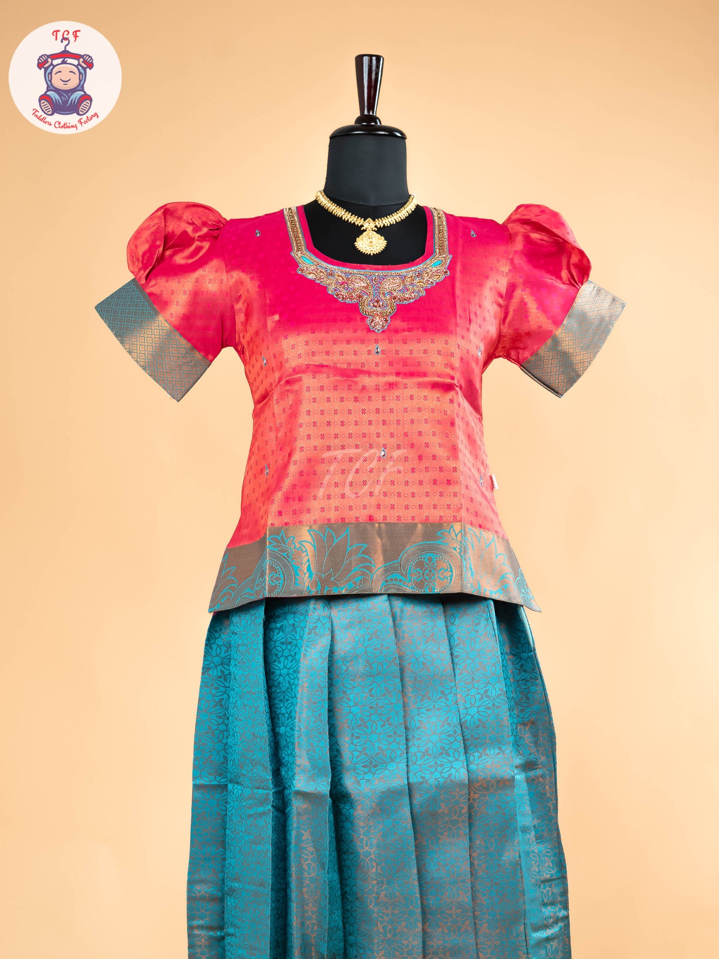 Rani Rose & Peacock Blue - Girls Readymade Pavadai Sattai