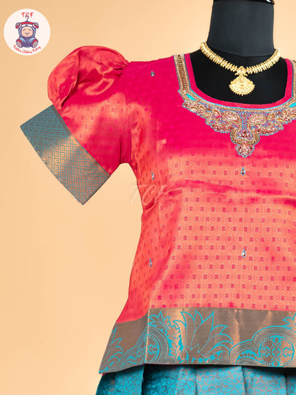 Rani Rose & Peacock Blue - Girls Readymade Pavadai Sattai