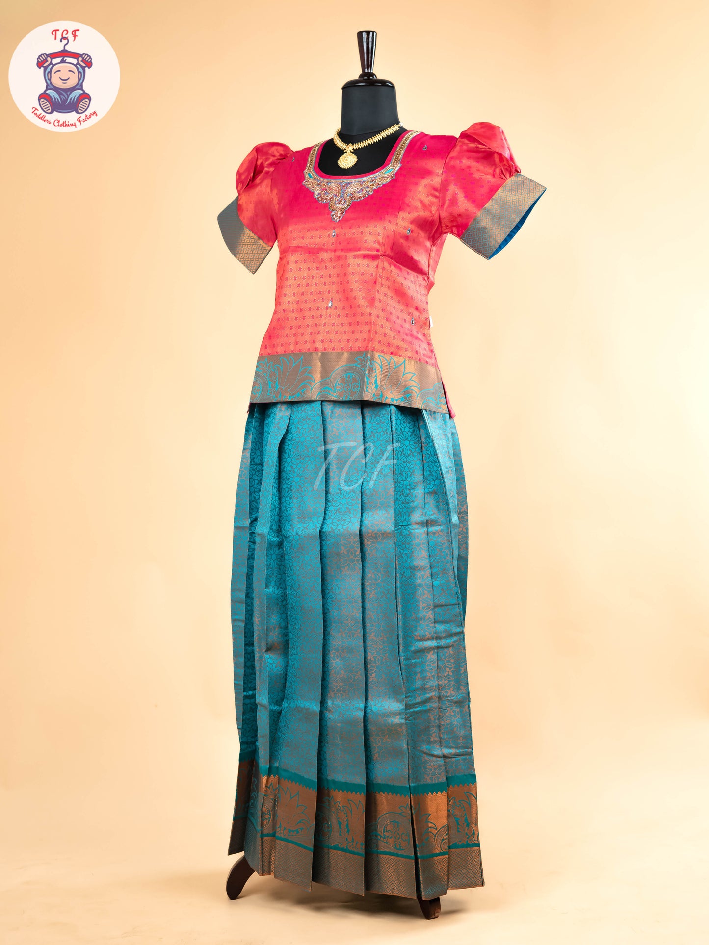 Rani Rose & Peacock Blue - Girls Readymade Pavadai Sattai