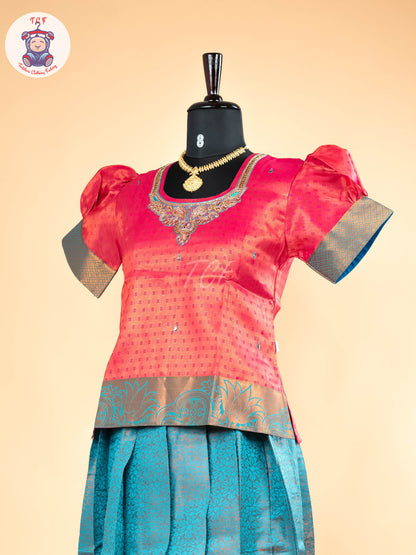 Rani Rose & Peacock Blue - Girls Readymade Pavadai Sattai