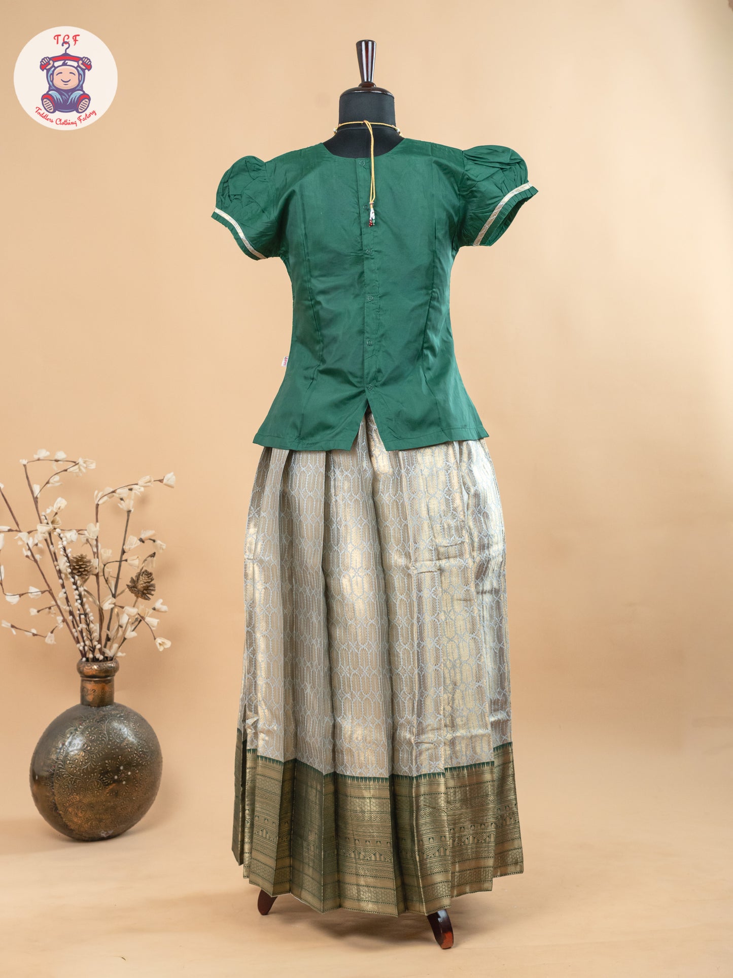 Bottle Green & Copper - Girls Readymade Pavadai Sattai