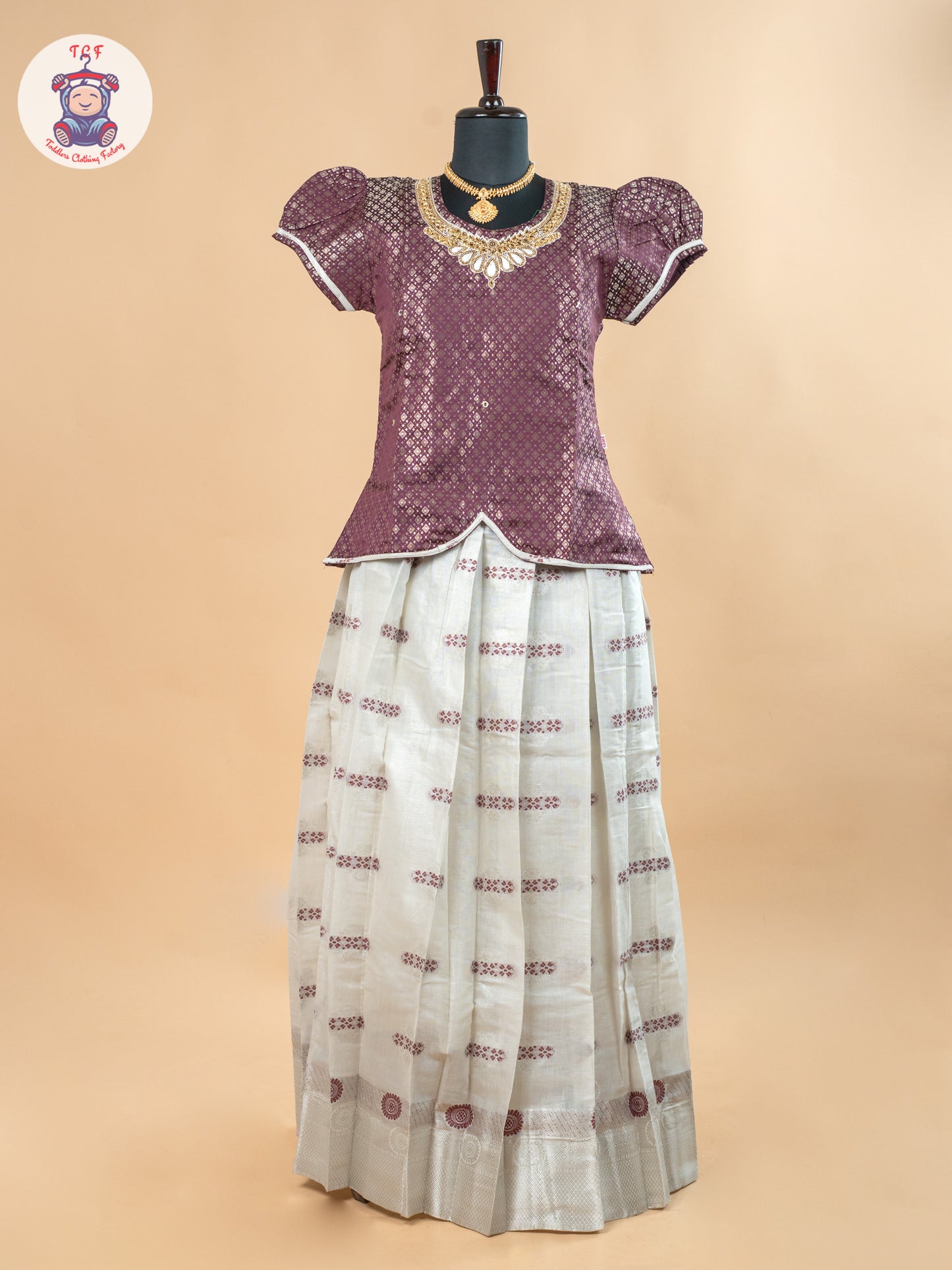 Magenta & Off White - Girls Readymade Pavadai Sattai