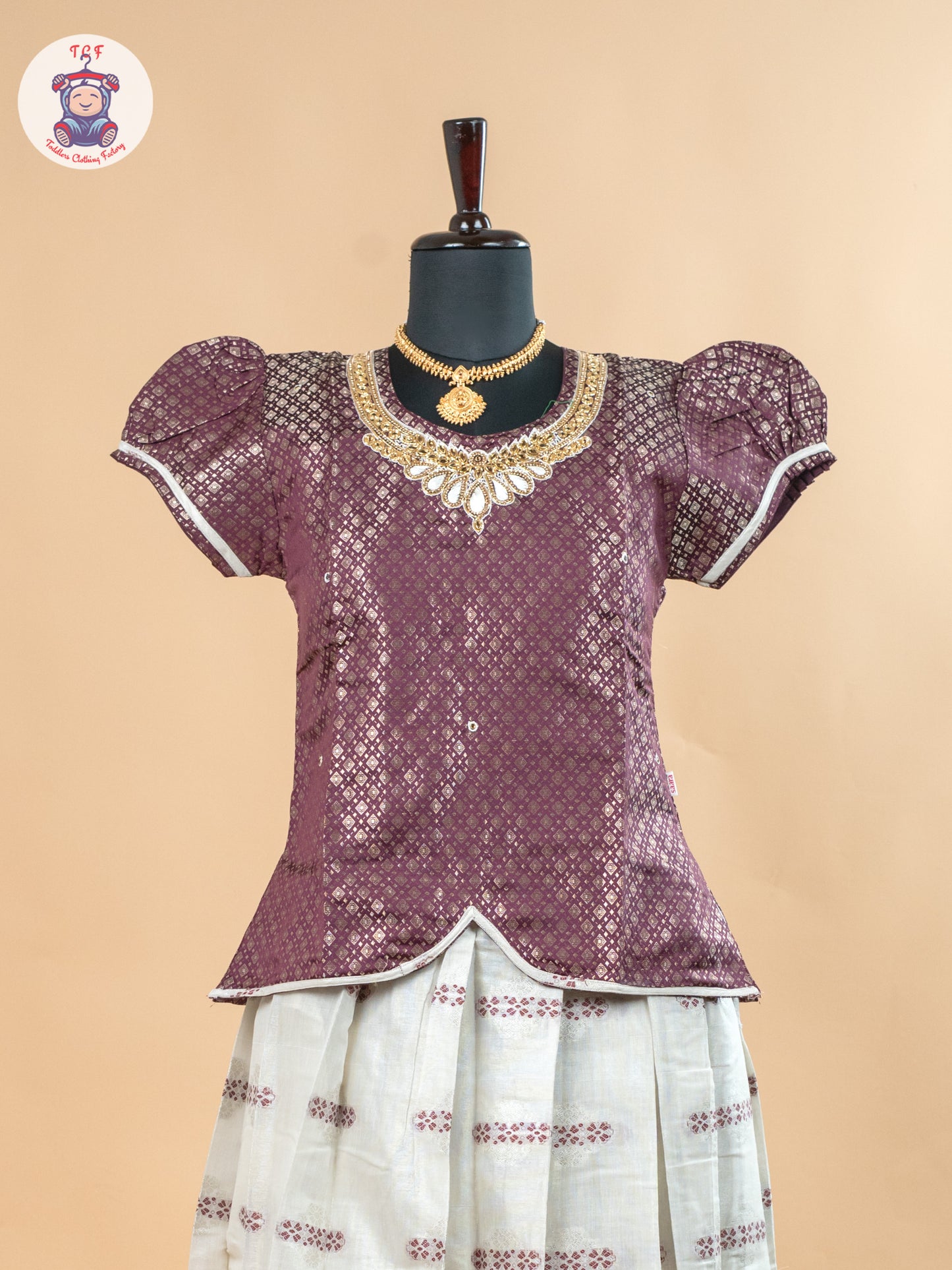 Magenta & Off White - Girls Readymade Pavadai Sattai