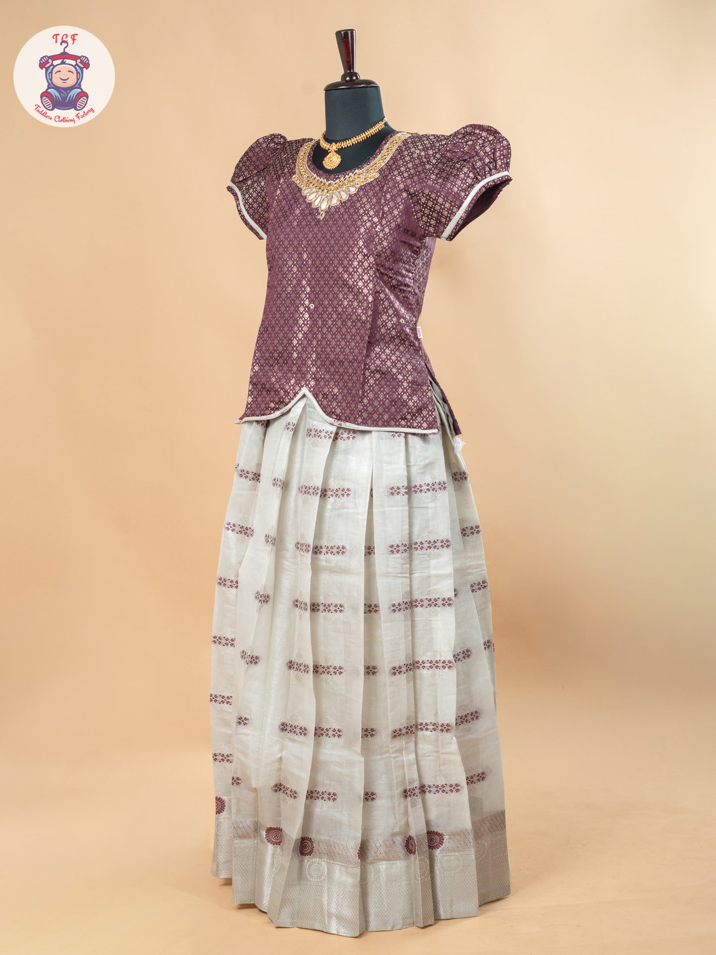 Magenta & Off White - Girls Readymade Pavadai Sattai
