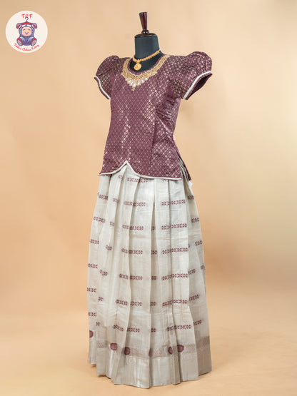 Magenta & Off White - Girls Readymade Pavadai Sattai