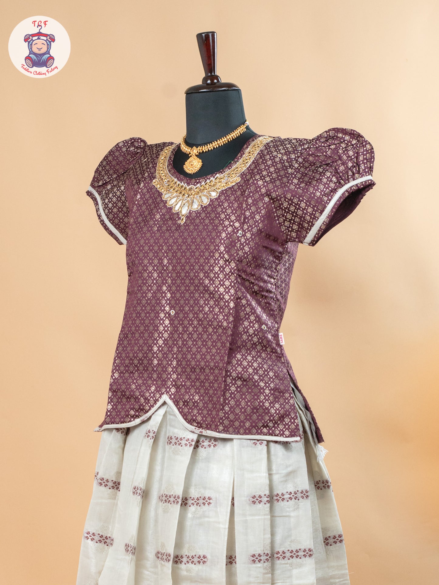 Magenta & Off White - Girls Readymade Pavadai Sattai
