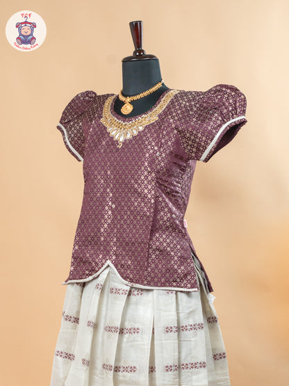 Magenta & Off White - Girls Readymade Pavadai Sattai