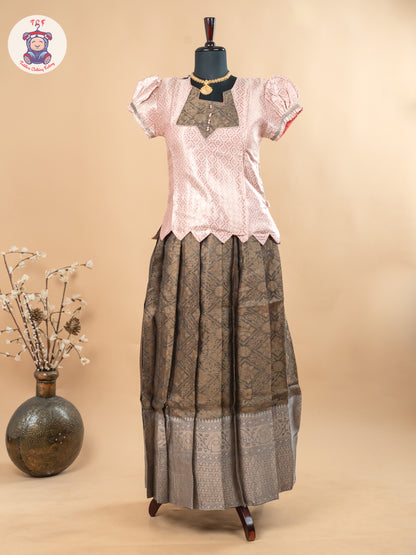 Baby Pink & Dark Green - Girls Readymade Pavadai Sattai